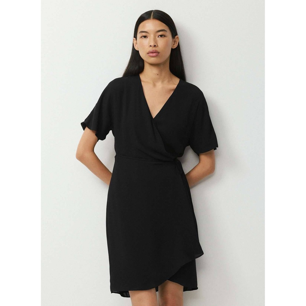 Babaton Dress Wallace Wrap Small Black Mini Short Sleeve V-Neck Georgette Lined
